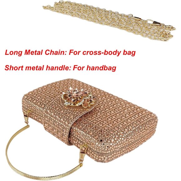 Women's Tan Sparkly Rhinestone Unique Evening Floral Clutch Shoulder Handbag - Picture 5 of 6